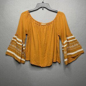 Boho-Chic Mustard Yellow Bell Sleeve Top With Lace Trim Detail By LuQ Size M